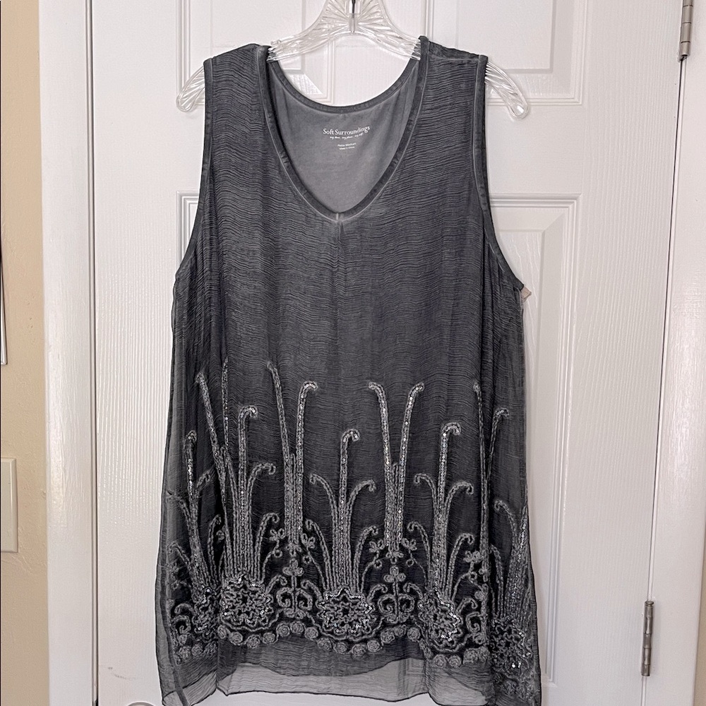 Soft surroundings silk bohemian tank top long tunic sequin embroidered layer PM